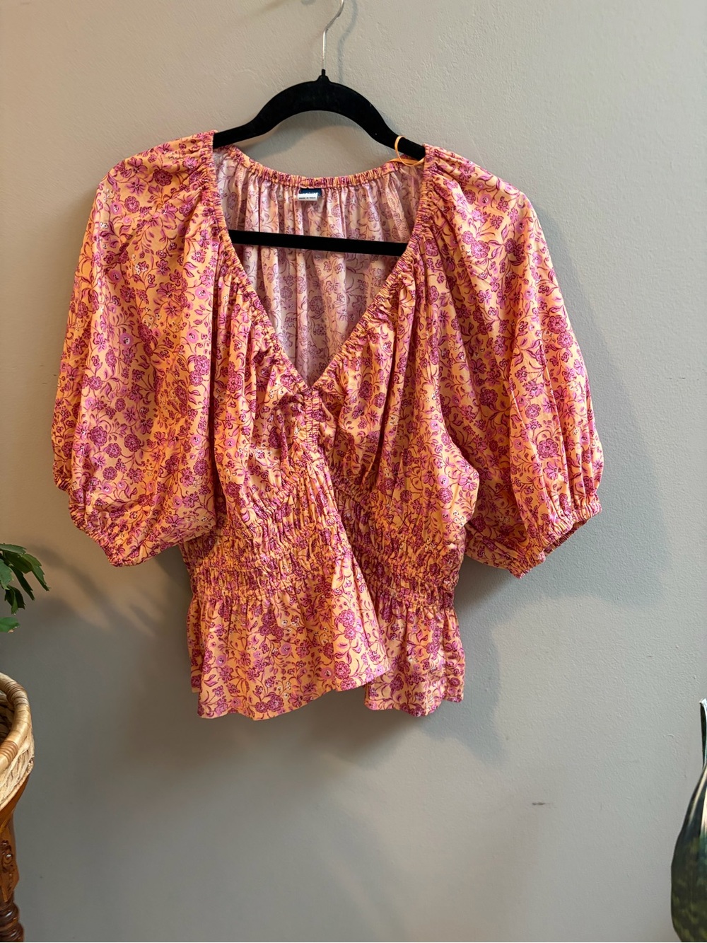 Old Navy Pink and Yellow Floral Puff-Sleeve Wrap Blouse
